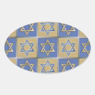 Judaica Star Of David Metal Gold Blue Oval Sticker