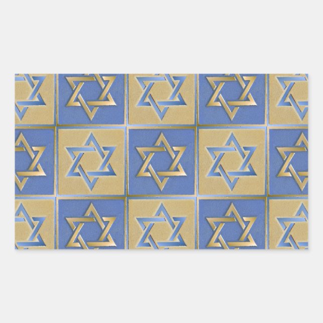 Judaica Star Of David Metal Gold Blue Rectangular Sticker (Front)