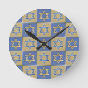 Judaica Star Of David Metal Gold Blue Round Clock