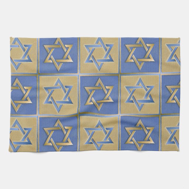 Judaica Star Of David Metal Gold Blue Tea Towel (Horizontal)