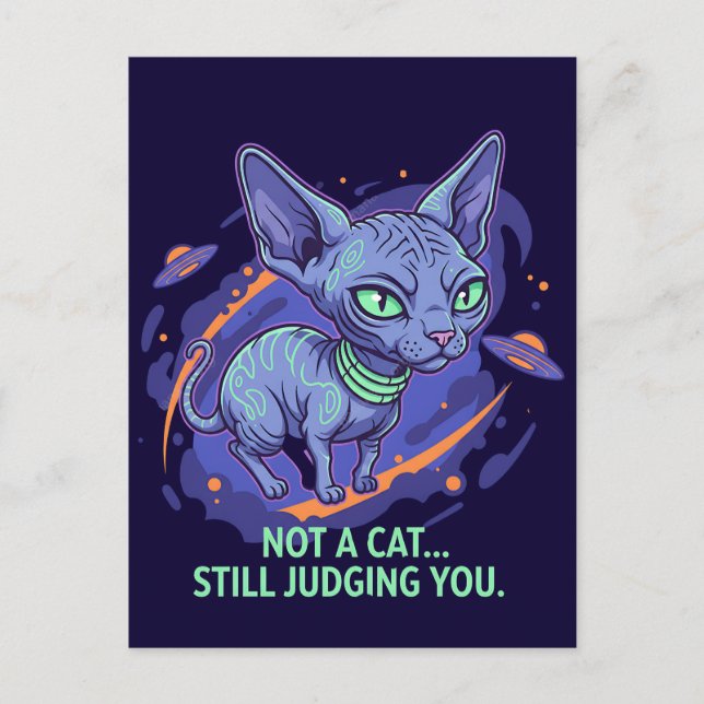 Judging Alien Sphynx Cat Sci-Fi Humor Art Postcard (Front)