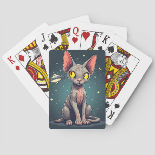 Judging Sphynx Cat UFO Space Cartoon Art Playing Cards
