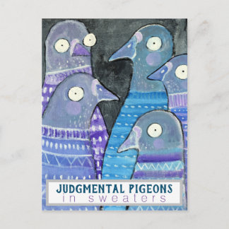 Judgmental Pigeons in Sweaters Whimsical Bird Art Postcard