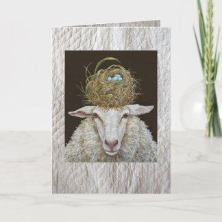 Judith the sheep card on quilted background