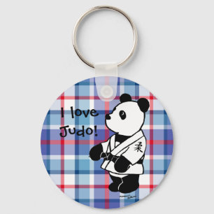 Judo Panda Cartoon with a Black Belt Plaid Key Ring