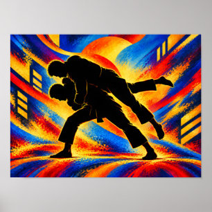 Judokas Performing a Judo Throw Silhouette Poster
