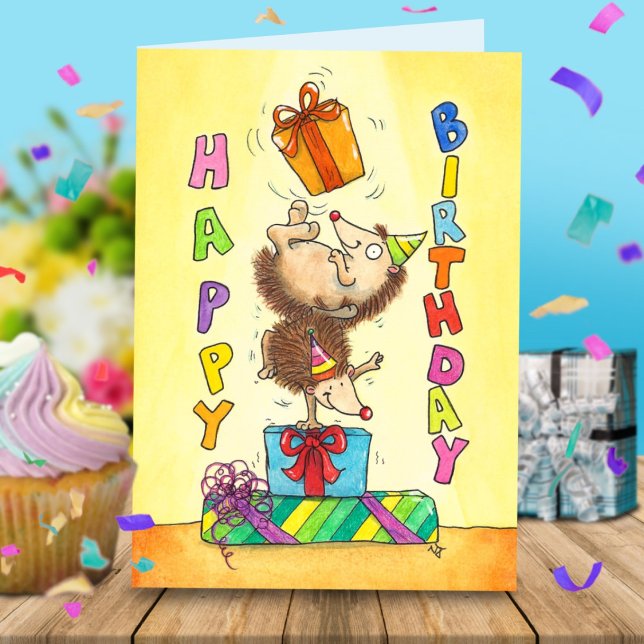 Juggling Birthday Hedgehogs Greeting  Thank You Card (Creator Uploaded)