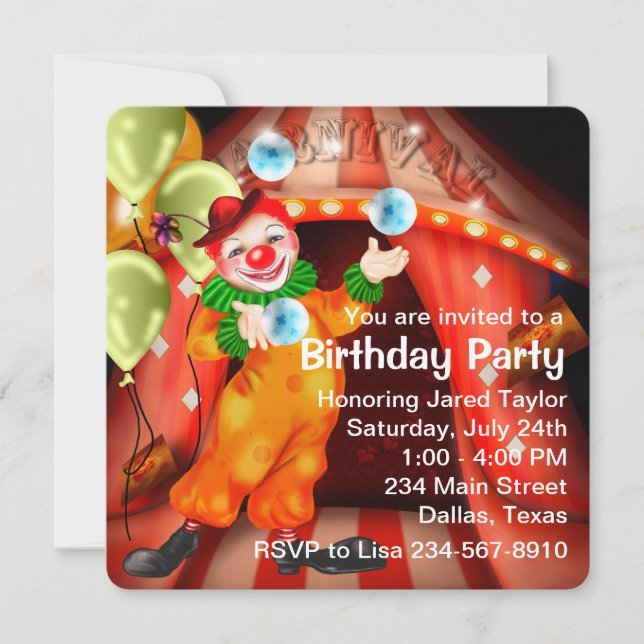 Juggling Circus Clown Birthday Party Invitation (Front)