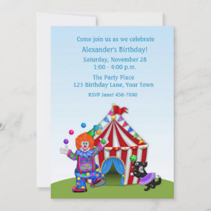 Juggling Clown, Circus Tent, Birthday Party Invitation