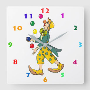 JUGGLING CLOWN WITH COLORFUL NUMERALS SQUARE WALL CLOCK