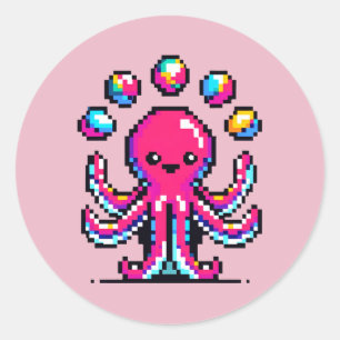 Juggling Octopus - Funny Pixel Art Circus Design Classic Round Sticker