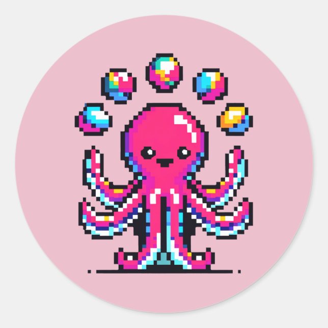 Juggling Octopus - Funny Pixel Art Circus Design Classic Round Sticker (Front)