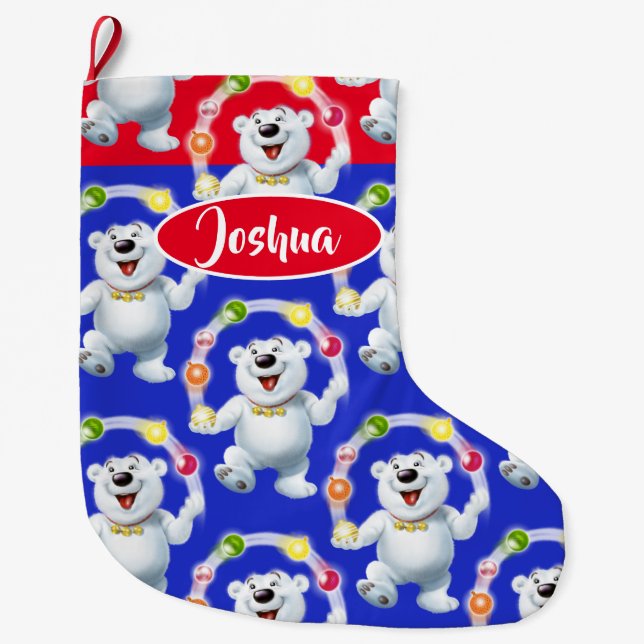 Juggling Polar Bear custom boys Christmas stockin Large Christmas Stocking (Front)