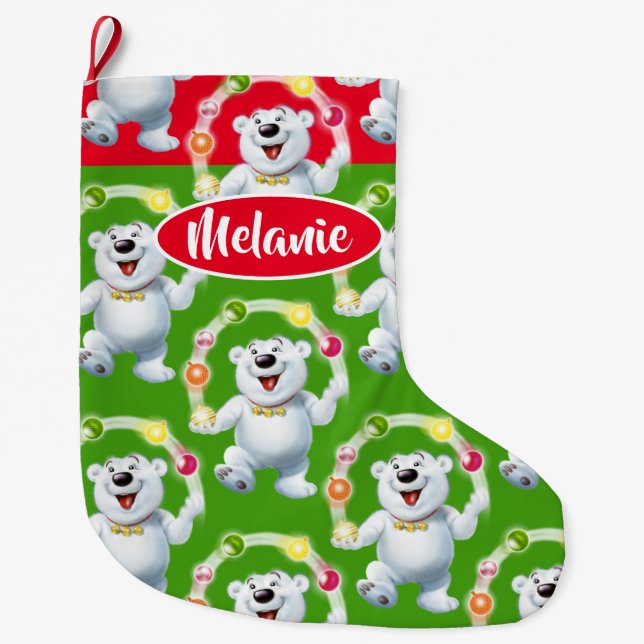 Juggling Polar Bear custom girls Christmas stockin Large Christmas Stocking (Front)