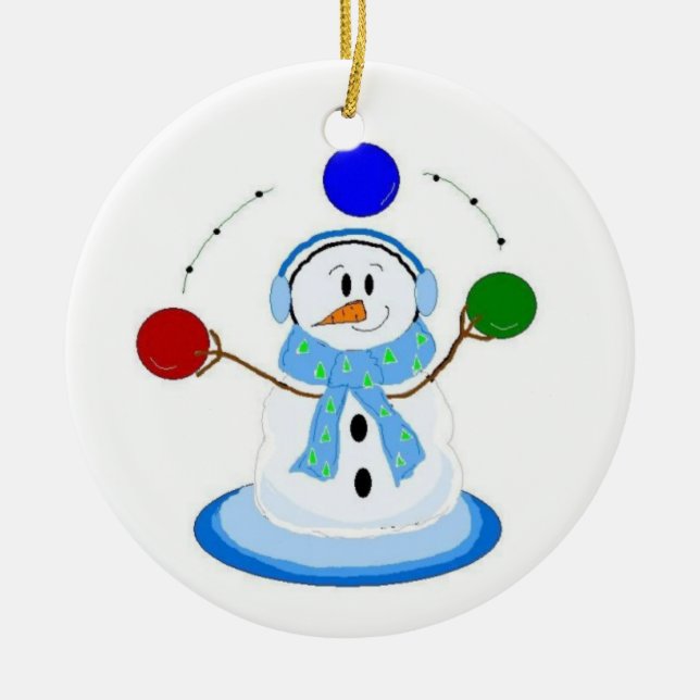 Juggling Snowman Ceramic Tree Decoration (Front)