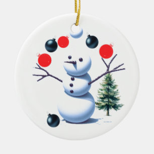 Juggling Snowman Christmas Baubles Ceramic Ornament