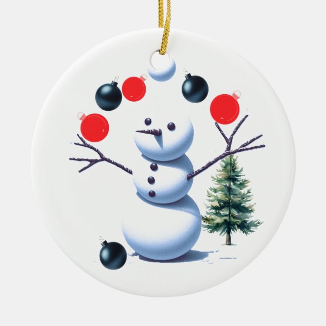 Juggling Snowman Christmas Baubles Ceramic Ornament (Front)
