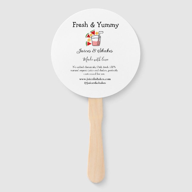 Juices & shakes restaurant business website social hand fan (Front)