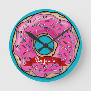 Juicy Delicious Pink Sprinkled Doughnut Round Clock