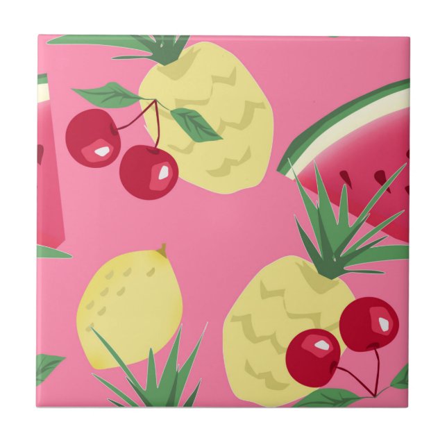 Juicy fruits on a pink-red background. ceramic tile (Front)