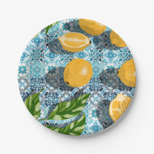 Juicy Lemons on Blue Moroccan Paper Plate
