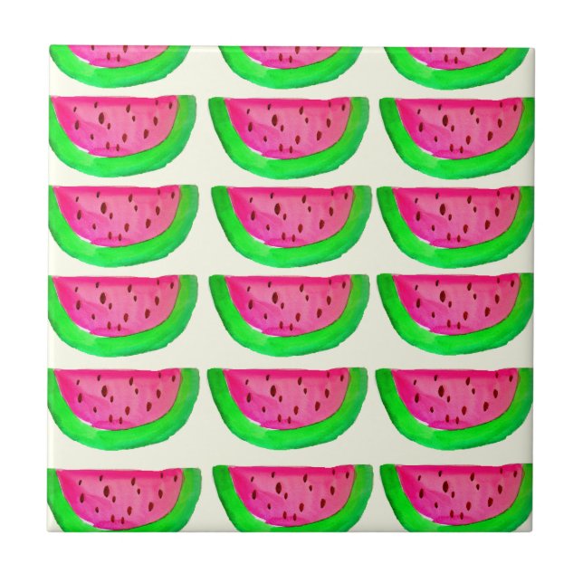 Juicy pink  watermelon fruit pattern on lemon ceramic tile (Front)