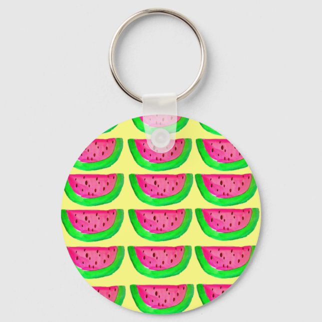 Juicy pink  watermelon fruit pattern on lemon key ring (Front)