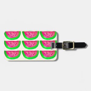 Juicy pink watermelon fruit pattern on lemon luggage tag