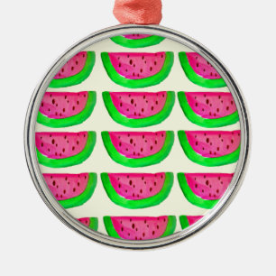 Juicy pink  watermelon fruit pattern on lemon metal ornament