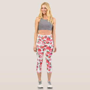 Juicy Red Strawberries Watercolor Pattern Capri Leggings