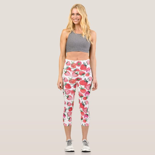 Juicy Red Strawberries Watercolor Pattern Capri Leggings (Front)