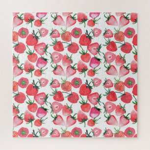 Juicy Red Strawberries Watercolor Pattern Jigsaw Puzzle