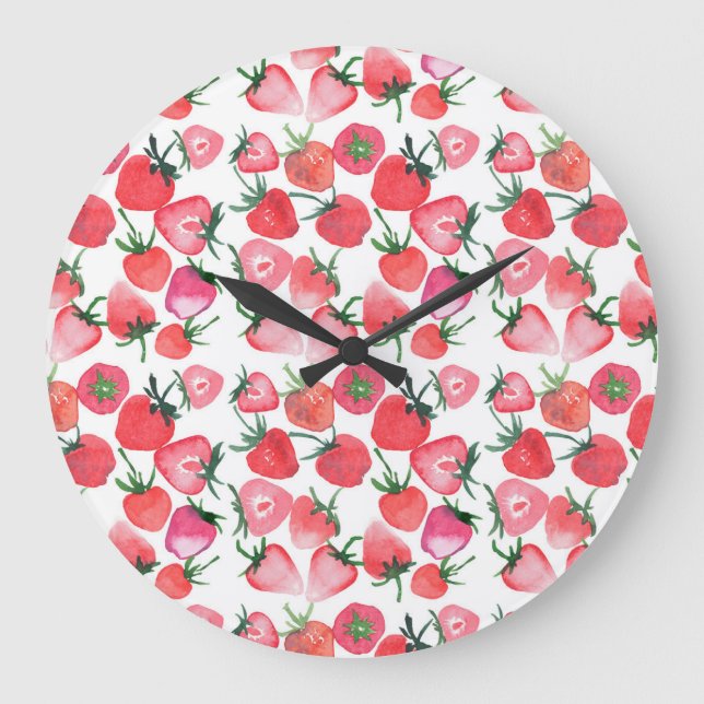 Juicy Red Strawberries Watercolor Pattern Large Clock (Front)