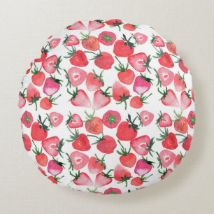 Juicy Red Strawberries Watercolor Pattern Round Cushion