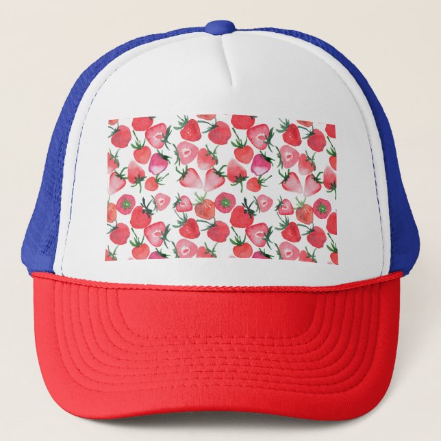 Juicy Red Strawberries Watercolor Pattern Trucker Hat (Front)