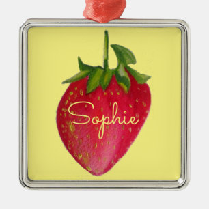 Juicy Strawberry fruit watercolour personal name Metal Ornament