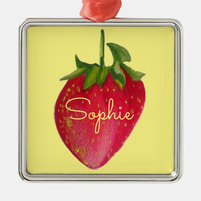 Juicy Strawberry fruit watercolour personal name Metal Ornament (Front)