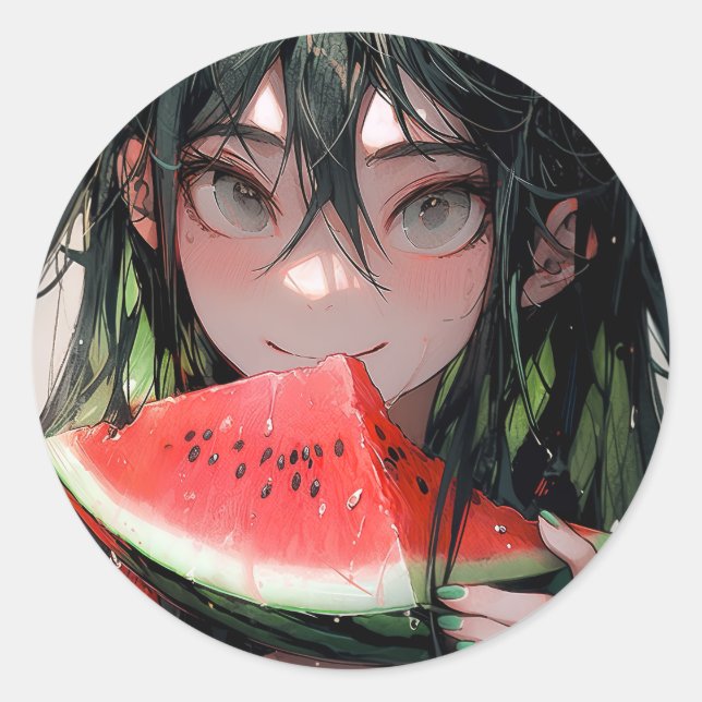 Juicy Summer Watermelon Anime Girl Classic Round Sticker (Front)