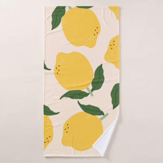 Juicy yellow Lemons, green leaves. Fresh tasty fru Bath Towel (Bath Towel)
