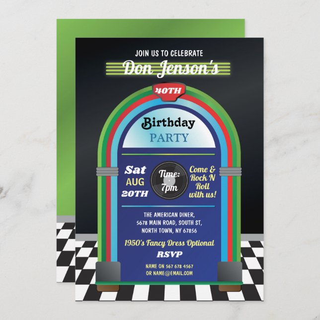 Jukebox Birthday Music 40th Diner Fifties Retro Invitation (Front/Back)