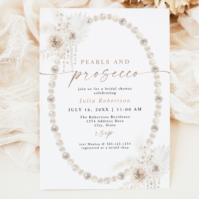 JULIA Boho Floral Pearls & Prosecco Bridal Shower Invitation (Creator Uploaded)