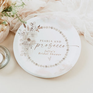 JULIA Boho Floral Pearls & Prosecco Bridal Shower Paper Plate