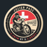 Julier Pass | Switzerland | Motorcycle Magnet<br><div class="desc">Julier Pass done in a vintage,  distressed style emblem. It is a famous is high mountain pass found in Switzerland.</div>