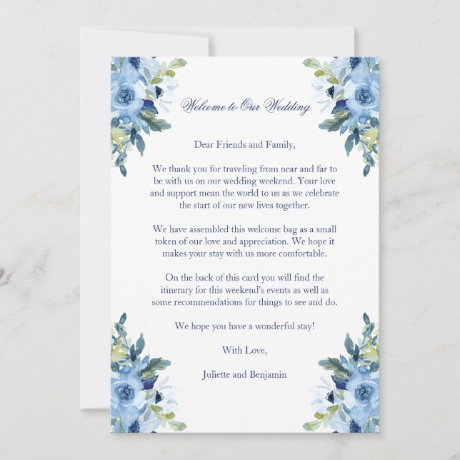 Juliette Blue Wedding Welcome Letter & Itinerary (Front)