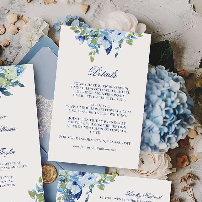 Juliette Dusty Blue Flowers Wedding Details Enclosure Card (This floral details card features dusty blue and navy flowers)