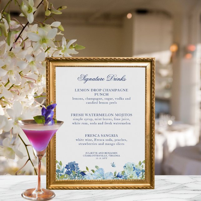 Juliette Dusty Blue Signature Drinks Wedding Sign (Let guests know about the signature drinks at your reception with this pretty blue floral sign)