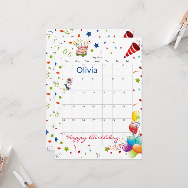 July 2022 Calendar Happy Birthday Invitation  (Front/Back In Situ)