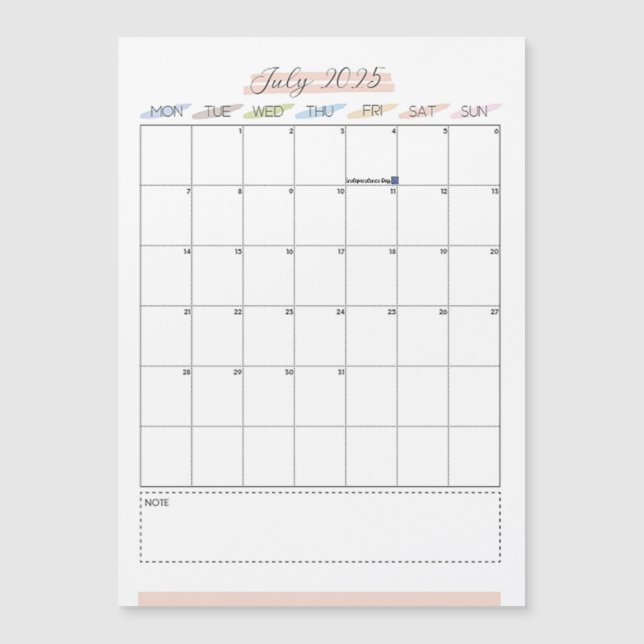 July 2025 Magnetic Calendar (Front)