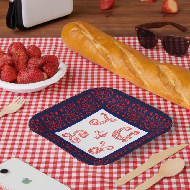 July 4 Sparkling Fabric Font Fireworks Paper Plate (Picnic)