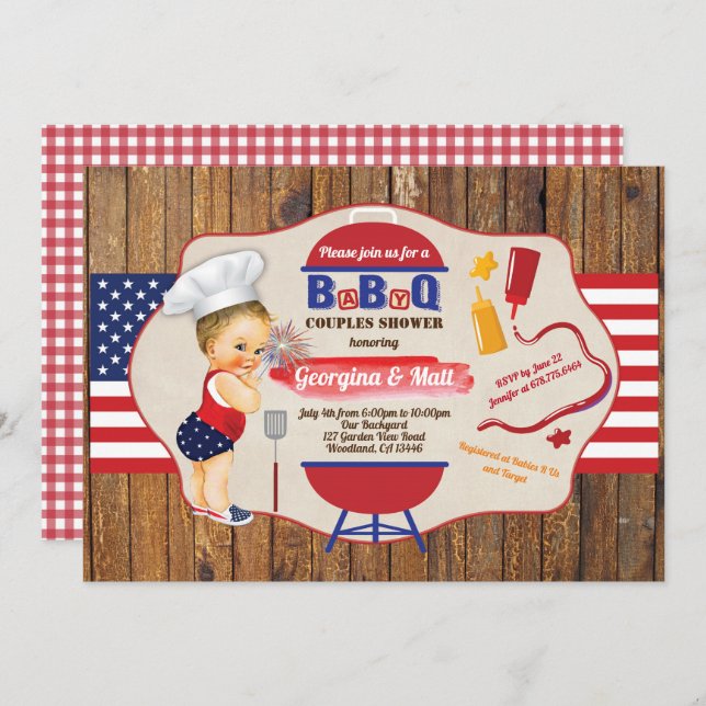 July 4th baby boy couples shower BBQ party Invitation (Front/Back)